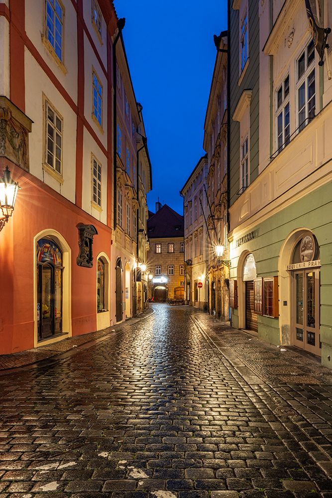 Narrow wet cobblestone streets in Old Town in Prague-Czech Republic